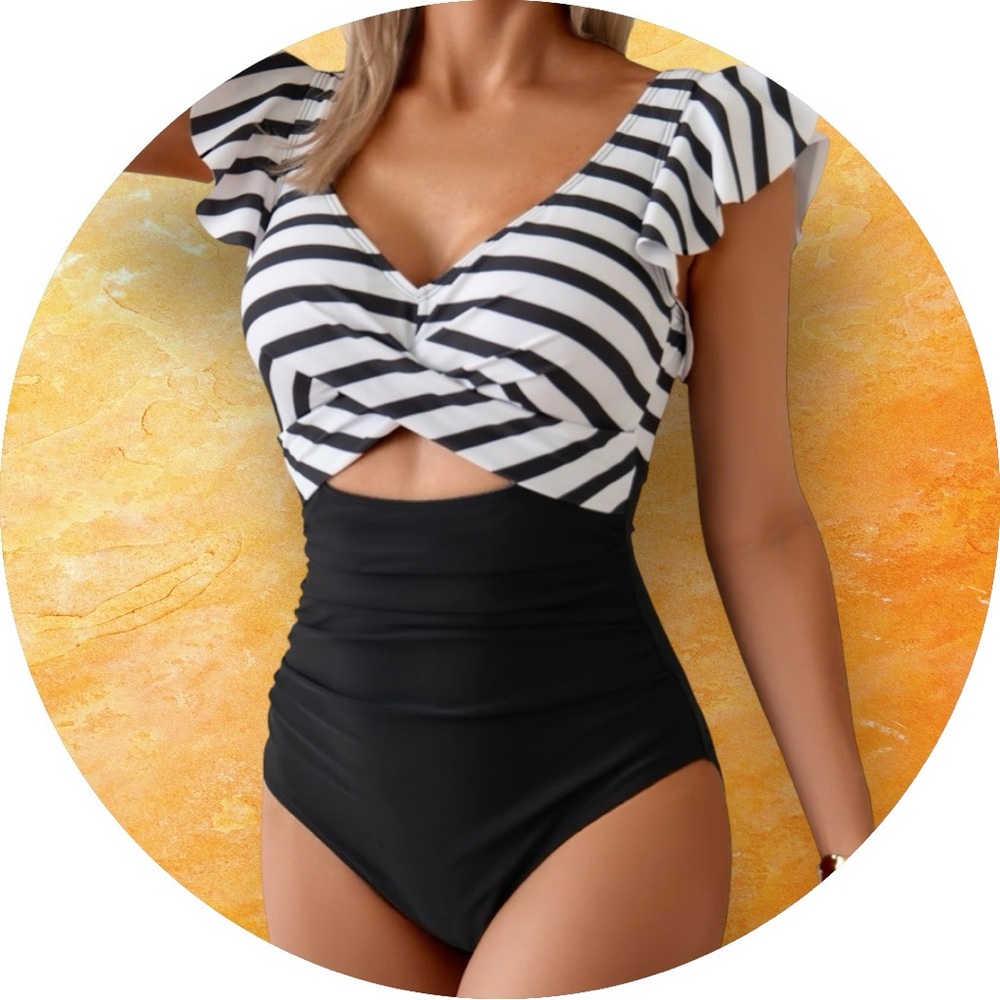 Black and white one piece peek-a-boo swimsuit
